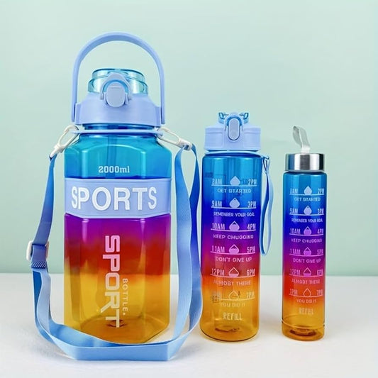 3PCS Motivational Sports Water Bottle Set – 2L, 900ml & 300ml Gradient Fitness Bottle with Time Marker
